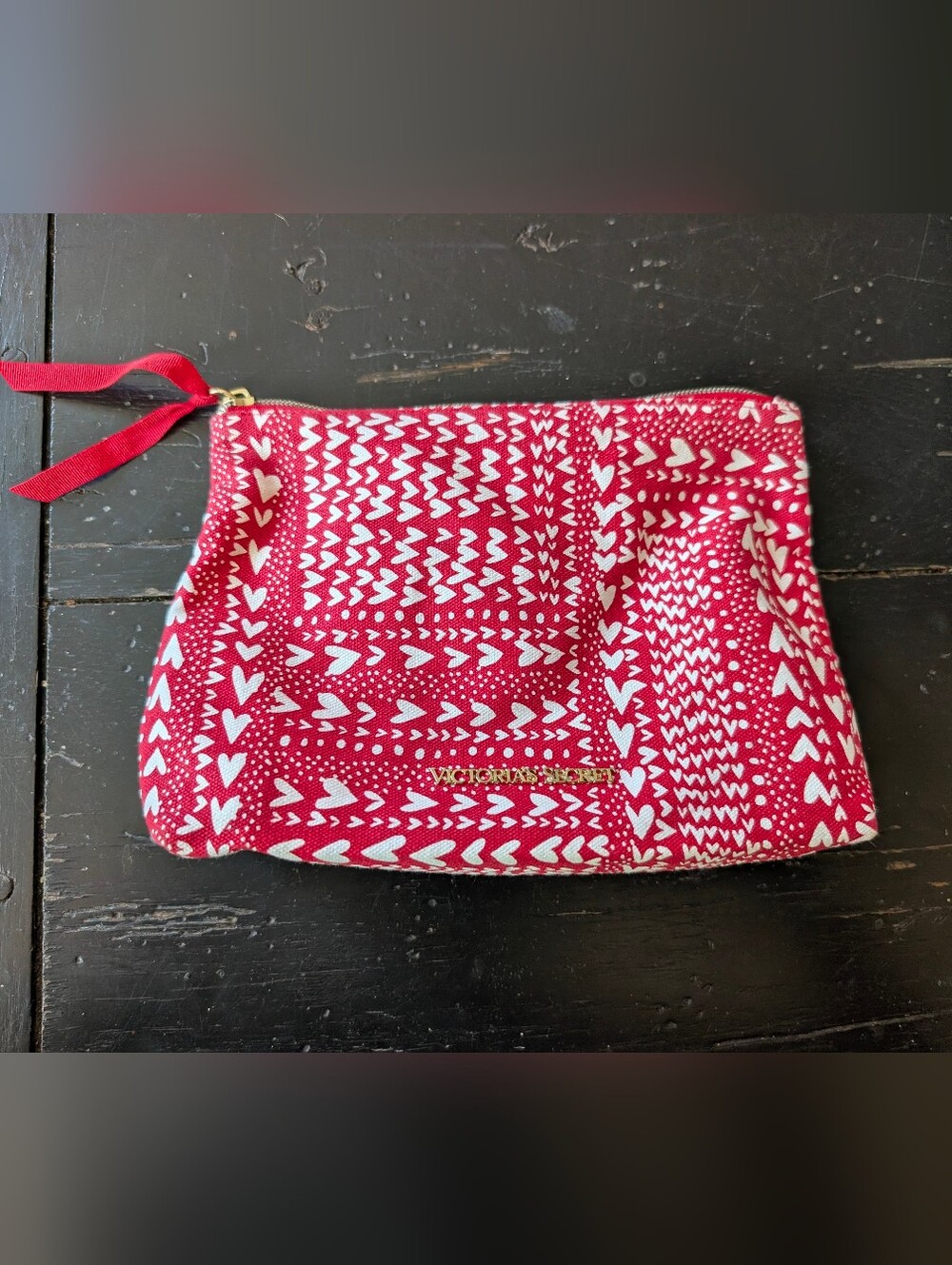 Victoria's Secret Red w/ White Hearts Multi-Use Zipper Makeup Bag Travel Ready